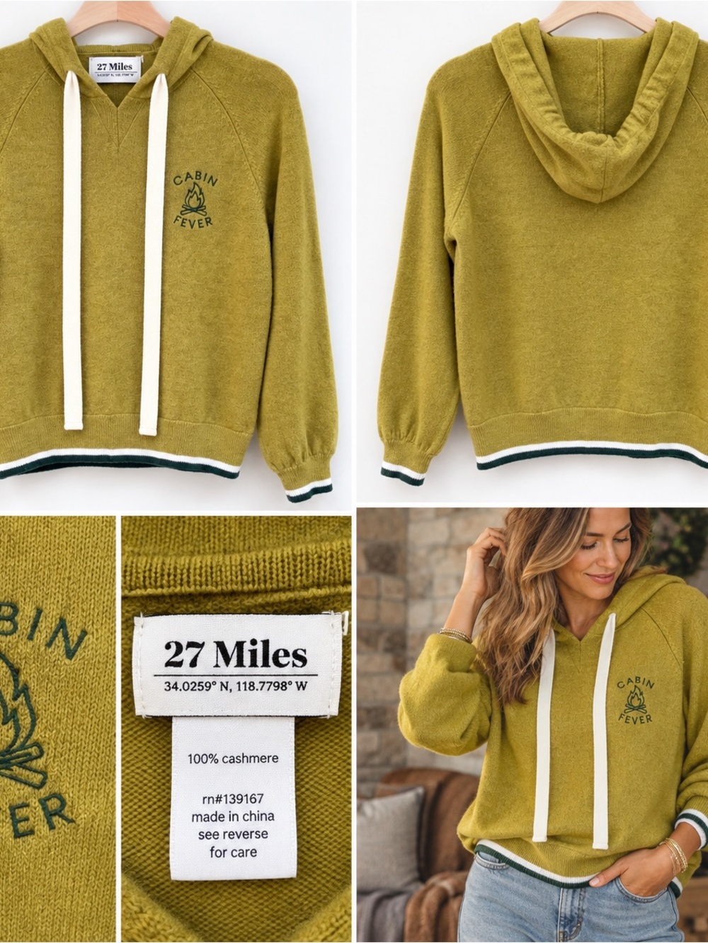 27 Miles Cabin Fever 100% Cashmere Hooded Sweater Mustard XS
